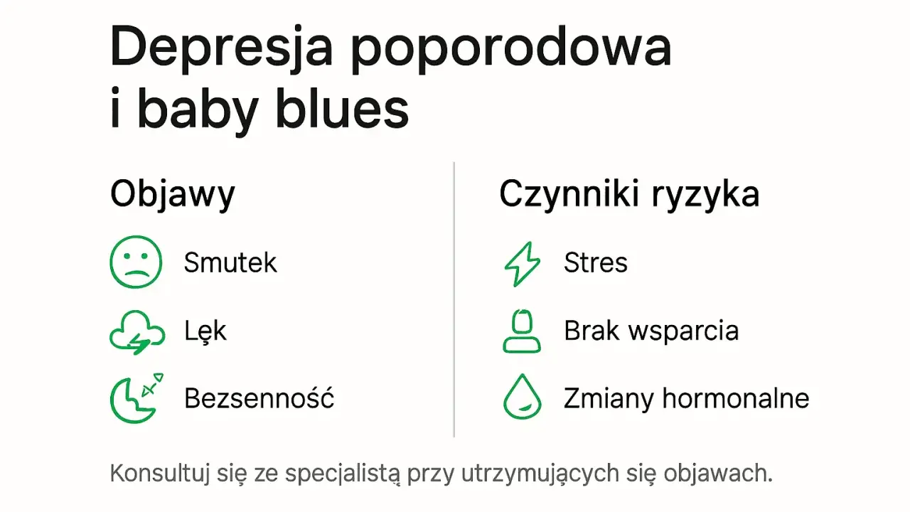 Depresja poporodowa i baby blues: objawy (smutek, lęk, bezsenność) i czynniki ryzyka (stres, brak wsparcia, zmiany hormonalne). Konsultuj się ze specjalistą.