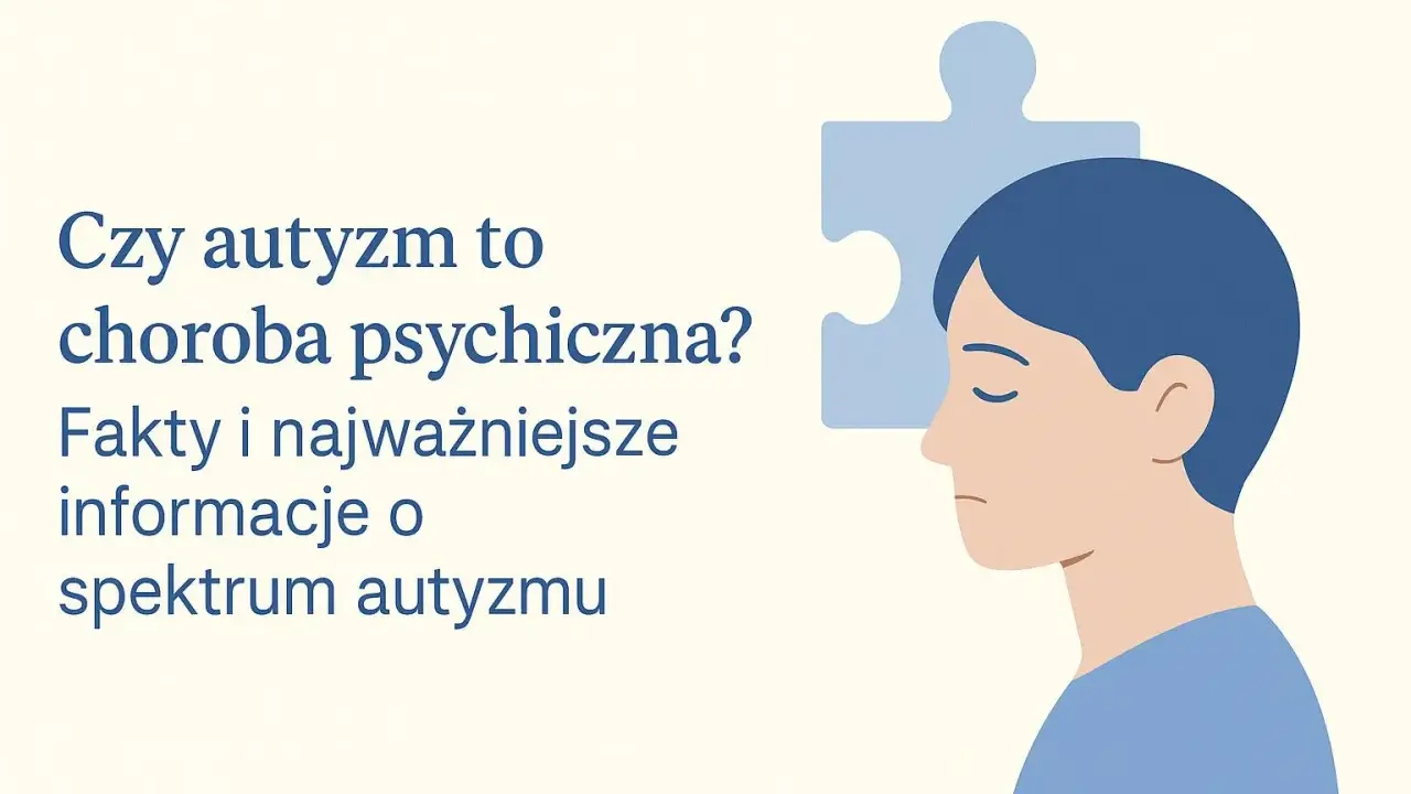 Czy autyzm to choroba psychiczna? Grafika przedstawia profil osoby z niebieskimi włosami i fragment puzzla za głową, symbolizujący spektrum autyzmu.