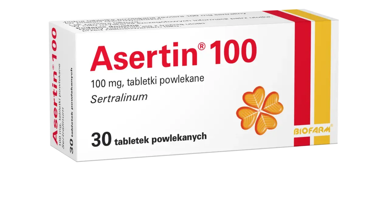 Opakowanie leku Asertin 100 mg, zawierające 30 tabletek powlekanych z sertraliną.