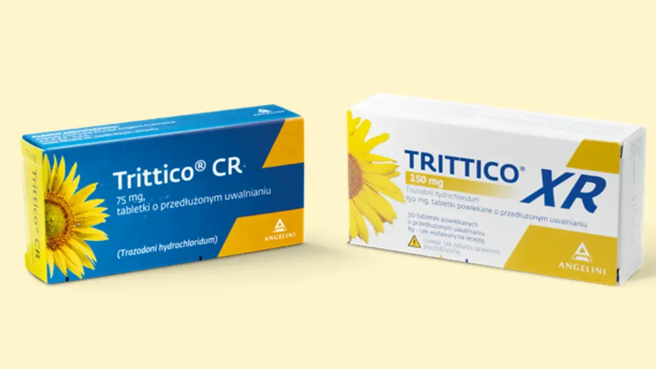Dwa opakowania leku Trittico na sen: Trittico CR 75 mg i Trittico XR 150 mg, oba z motywem słonecznika.