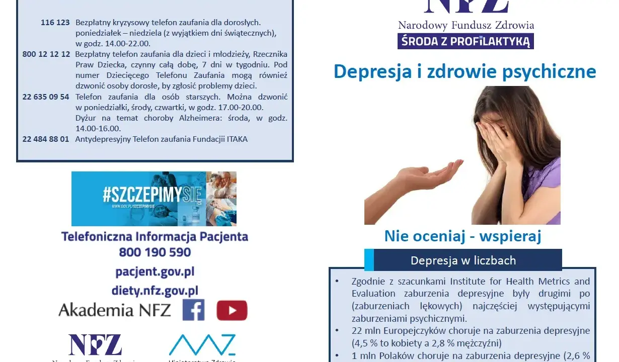 Obraz przedstawia kobietę ukrywającą twarz w dłoniach, symbolizującą chorobę psychiczną, z wyciągniętą dłonią oferującą wsparcie.