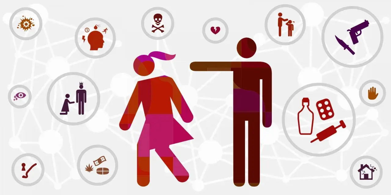 Ilustracja przedstawia parę, wokół której krążą symbole przemocy, uzależnień i braku empatii, sugerując psychopatię.
