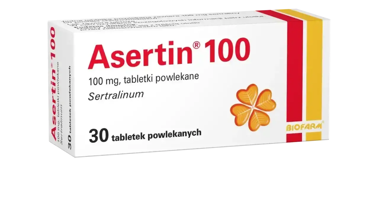 Opakowanie Asertin 100 mg, zawierające 30 tabletek. Przed zastosowaniem warto zapoznać się z ulotką dotyczącą potencjalnych asentra skutki uboczne.