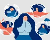 Kobieta ukrywa twarz, otoczona myślami o różnych emocjach: smutku, złości, radości i spokoju. Obraz symbolizuje zaburzenia emocjonalne.