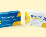 Dwa opakowania leku Trittico na sen: Trittico CR 75 mg i Trittico XR 150 mg, oba z motywem słonecznika.