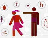 Ilustracja przedstawia parę, wokół której krążą symbole przemocy, uzależnień i braku empatii, sugerując psychopatię.