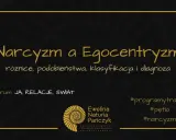 Grafika o tytule "Narcyzm a Egocentryzm" omawia różnice, podobieństwa, klasyfikację i diagnozę. Spektrum: JA, RELACJE, ŚWIAT. #narcyzm.