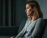 Kobieta siedzi na kanapie, zamyślona, z widocznymi fizycznymi objawami silnej depresji: zmęczeniem i apatią.