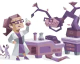 INTP naukowiec w laboratorium z robotem i dziwną rośliną.