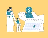 Matka z dziećmi, ręka z pieniędzmi i kalendarz. Ilustracja symbolizuje przemoc ekonomiczną, gdzie finanse kontrolują życie rodziny.