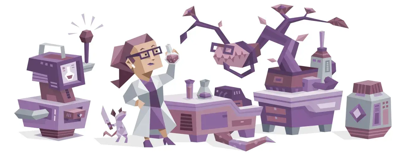 INTP naukowiec w laboratorium z robotem i dziwną rośliną.