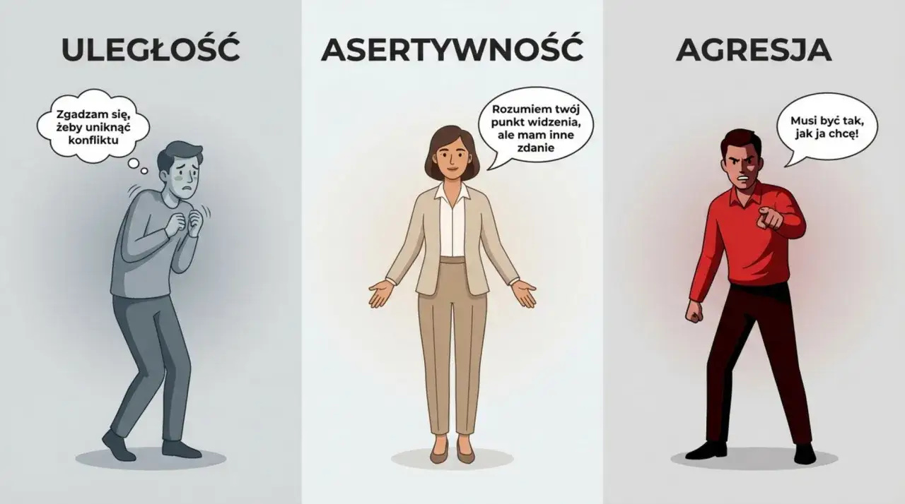 Trzy postawy: uległość (unikanie konfliktu), asertywność (rozumiem, ale mam inne zdanie) i agresja (musi być tak, jak ja chcę).