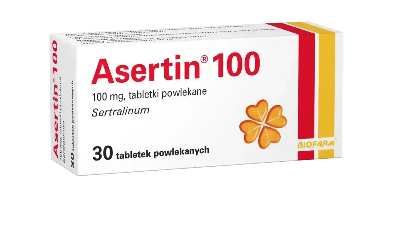Opakowanie Asertin 100 mg. Przed zastosowaniem leku warto zapoznać się z ulotką, by poznać potencjalne asentra skutki uboczne.