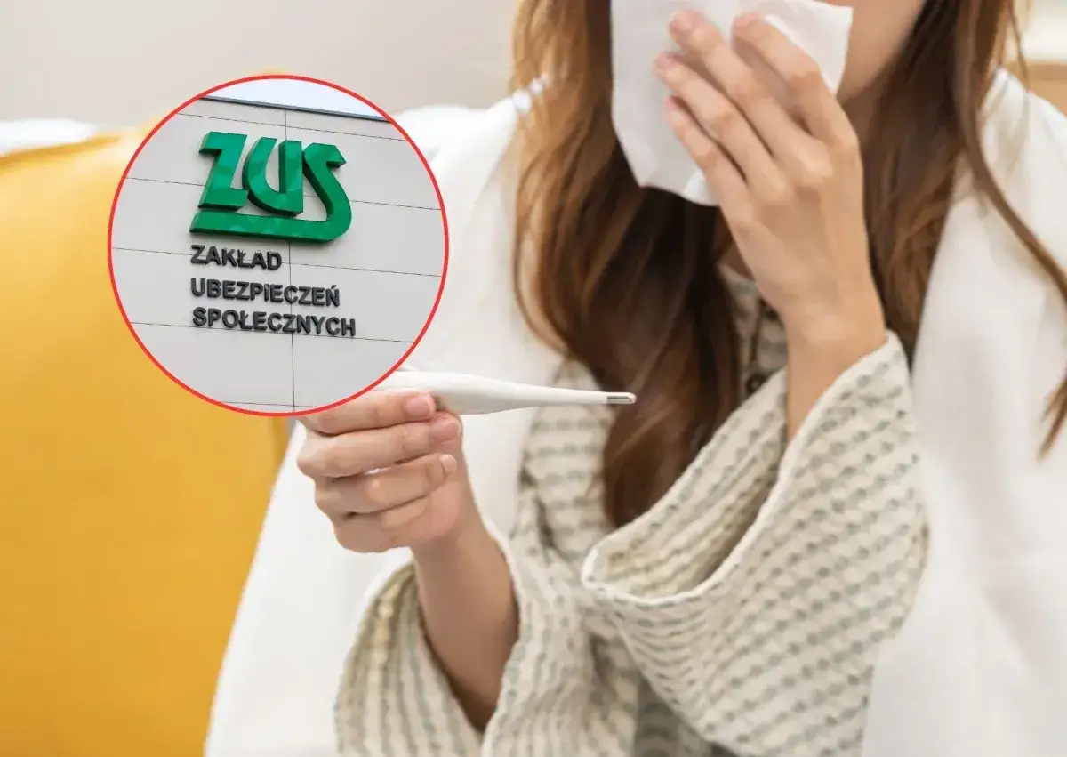 Kobieta z termometrem i chusteczką, logo ZUS.