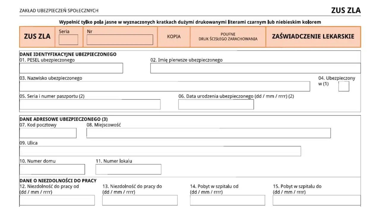 Formularz ZUS ZLA, dane identyfikacyjne i adresowe ubezpieczonego, informacje o niezdolności do pracy. F43 kod choroby.