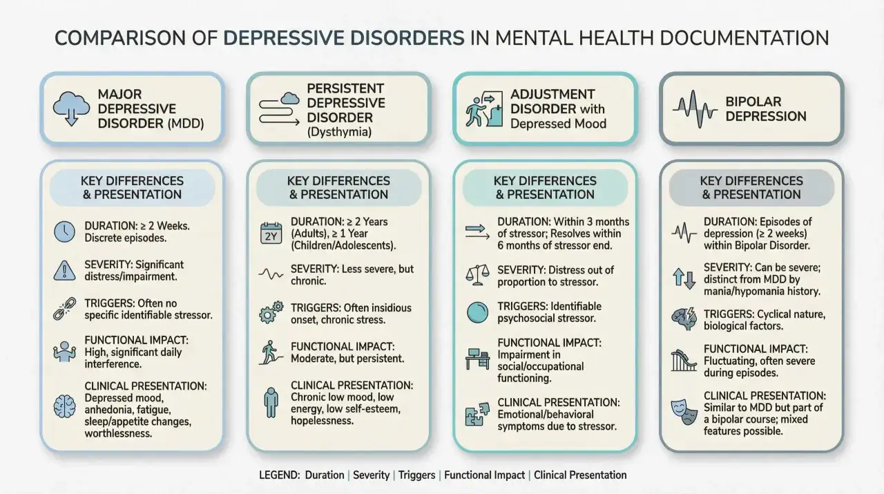 Dystymia to przewlekłe zaburzenie depresyjne, mniej nasilone niż MDD, ale trwające latami.