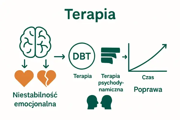 Schemat terapii dla niestabilności emocjonalnej, często związanej z zaburzeniem **bordeline**. Pokazuje drogę od mózgu i serca do terapii DBT, psychodynamicznej i poprawy.