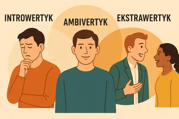 Trzy osoby: zamyślony introwertyk, uśmiechnięty **ambiwertyk** i rozmawiający ekstrawertyk.