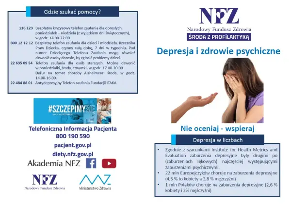 Obraz przedstawia kobietę ukrywającą twarz w dłoniach, symbolizującą chorobę psychiczną, z wyciągniętą dłonią oferującą wsparcie.