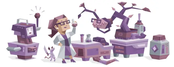 INTP naukowiec w laboratorium z robotem i dziwną rośliną.