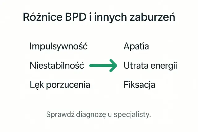 Różnice BPD i innych zaburzeń: impulsywność, niestabilność, lęk porzucenia vs apatia, utrata energii, fiksacja. Dowiedz się, co to borderline.