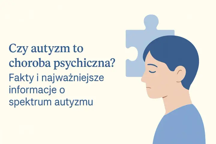 Czy autyzm to choroba psychiczna? Grafika przedstawia profil osoby z niebieskimi włosami i fragment puzzla za głową, symbolizujący spektrum autyzmu.