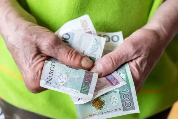 Dłonie trzymają polskie banknoty: 10, 20 i 100 zł. To może być pomoc z tytułu renta socjalna.