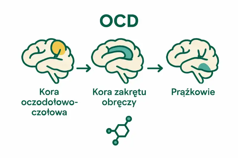 Ilustracja pokazuje, co to jest OCD: zmiany w korze mózgowej, w tym kora oczodołowo-czołowa i kora zakrętu obręczy, oraz prążkowia.