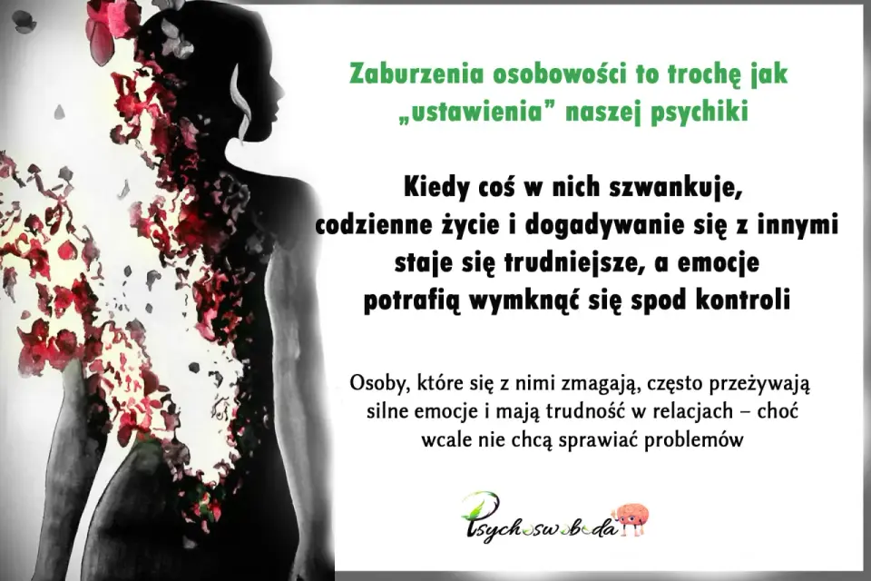 Sylwetka kobiety, z której fragmenty rozpadają się jak płatki. Tekst o zaburzeniach osobowości i trudnościach w życiu codziennym.